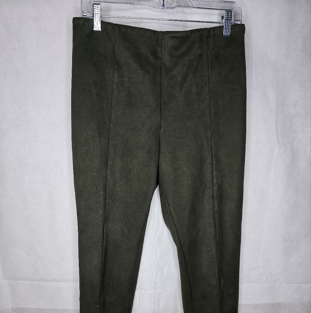 LOFT Faux Suede Pants Olive Green Mid-rise Elastic Waist Side Zipper Tapered 8